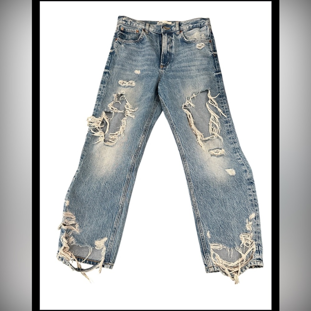 Zara Blue Flare Wide Leg Jeans with Distressed Details
